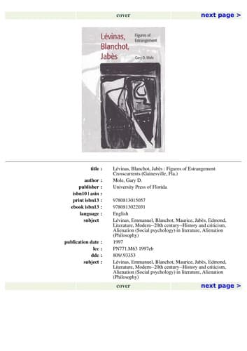 Cover of Le vinas, Blanchot, Jabe  s